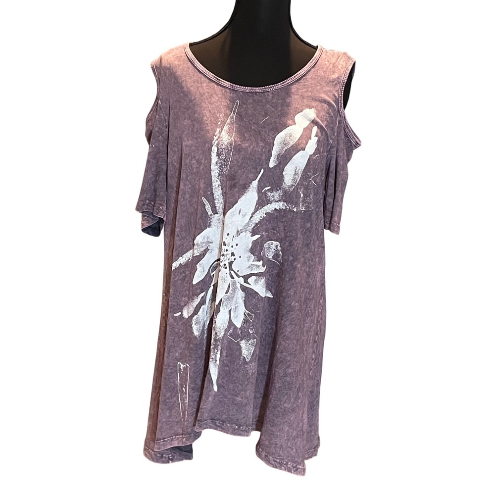 Jess & Jane Womens Small Purple Mineral Wash Cold Shoulder Floral Tunic Top USA